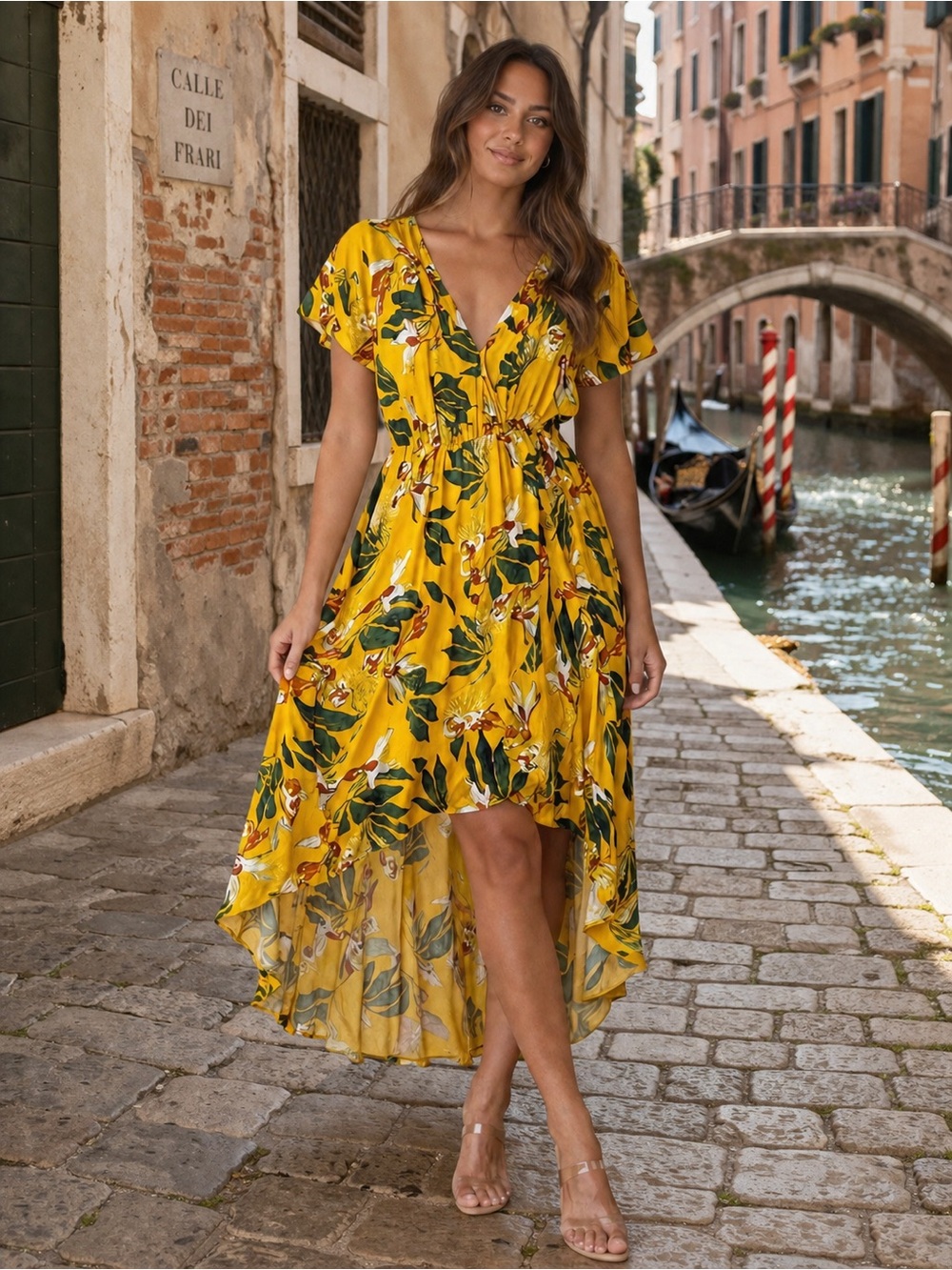Chelsea & Theodore Yellow Floral High-Low Maxi Dress